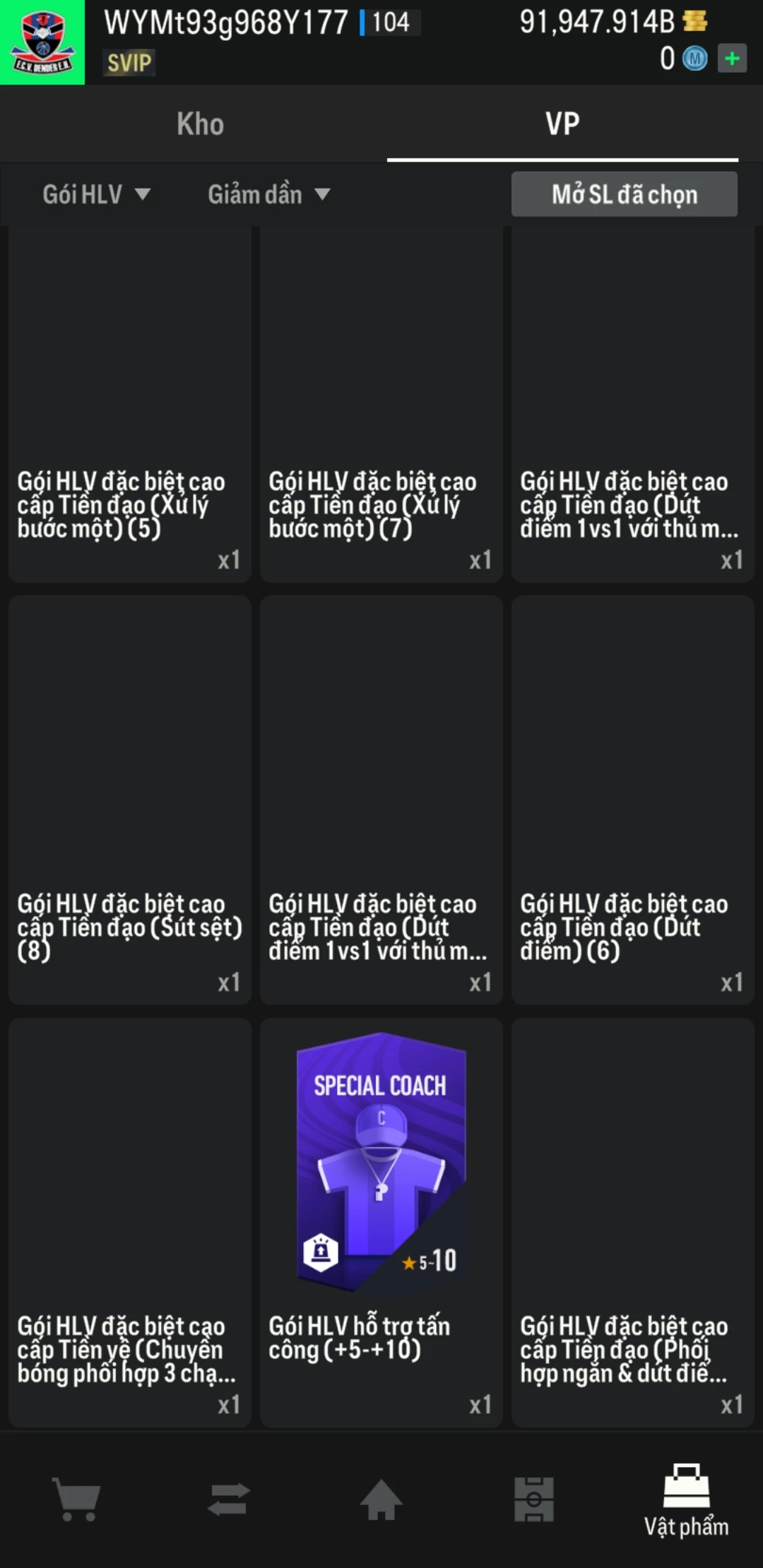 Ảnh ACC mở thẻ (LOẠI SUPER VIP) bao gồm có hơn 900+ đến 1100+ thẻ cầu thủ từ Siêu sao đến Miền núi các loại (ngẫu nhiên có: 01 thẻ +12 và 03 thẻ PRIME QH, XS, CP...) Acc có sẵn BP trắng từ 80.000 tỷ BP đến 120.000 tỷ BP kèm theo nhiều ngày SVIP